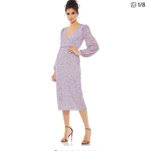 Mac Duggal Sequined Illusion Puff Sleeve V Neck Midi Dress 6 Lavender #8231